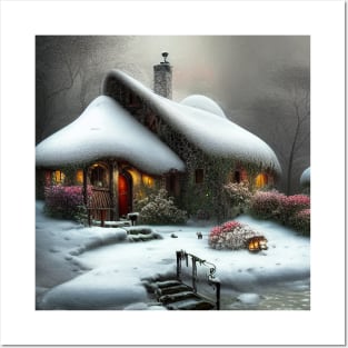 Magical Fantasy House with Lights in a Snowy Scene, Fantasy Cottagecore artwork Posters and Art